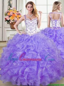 Fancy Straps Straps Sleeveless Lace Up Floor Length Beading and Lace and Ruffles Quince Ball Gowns