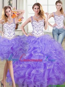 Fancy Organza Straps Sleeveless Lace Up Beading and Lace and Ruffles Ball Gown Prom Dress in Lavender
