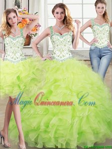 Ideal Three Piece Straps Straps Organza Sleeveless Floor Length Quinceanera Dresses and Beading and Lace and Ruffles