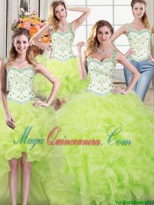Inexpensive Four Piece Straps Straps Sleeveless Floor Length Beading and Lace and Ruffles Lace Up Ball Gown Prom Dress with Yellow Green