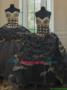 High End Three Piece Black Sleeveless Brush Train Beading and Embroidery and Pick Ups With Train 15 Quinceanera Dress