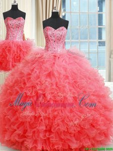 Luxurious Three Piece Coral Red Sleeveless Floor Length Beading and Ruffles Lace Up Quinceanera Gown