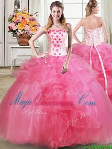 Wonderful Strapless Sleeveless Ball Gown Prom Dress Floor Length Beading and Appliques and Ruffles Hot Pink Tulle