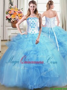 Artistic Ball Gowns Sweet 16 Dress Light Blue Strapless Tulle Sleeveless Floor Length Lace Up
