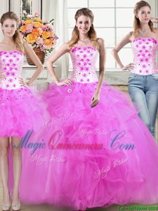 Delicate Three Piece Mermaid Beading and Appliques and Ruffles Vestidos de Quinceanera Fuchsia Lace Up Sleeveless Floor Length