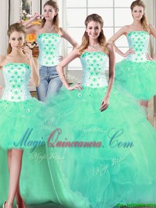 Smart Four Piece Tulle Strapless Sleeveless Lace Up Beading and Appliques and Ruffles Quinceanera Dresses in Turquoise