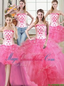 Latest Four Piece Hot Pink Ball Gowns Beading and Appliques and Ruffles Quince Ball Gowns Lace Up Tulle Sleeveless Floor Length
