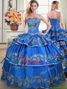 Sleeveless Taffeta Floor Length Lace Up 15 Quinceanera Dress in Blue for with Beading and Embroidery and Ruffled Layers