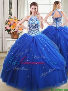 Halter Top Sleeveless Tulle 15 Quinceanera Dress Beading and Pick Ups Lace Up