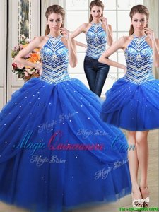 Fantastic Three Piece Halter Top Floor Length Royal Blue Quinceanera Gown Tulle Sleeveless Beading and Pick Ups