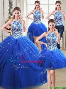 Four Piece Halter Top Sleeveless Beading and Pick Ups Lace Up Ball Gown Prom Dress