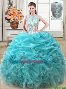 Organza Scoop Sleeveless Lace Up Beading and Ruffles 15 Quinceanera Dress in Aqua Blue