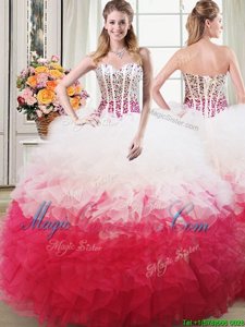 Floor Length Lace Up Vestidos de Quinceanera Pink And White and In for Military Ball and Sweet 16 and Quinceanera with Beading and Ruffles