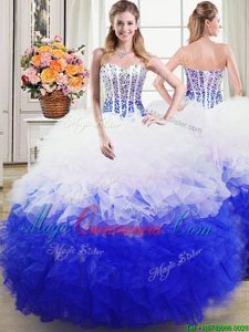 Floor Length Blue And White Ball Gown Prom Dress Organza Sleeveless Beading and Ruffles