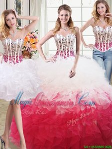 Fashionable Three Piece White and Red Ball Gowns Beading and Ruffles 15th Birthday Dress Lace Up Organza Sleeveless Floor Length