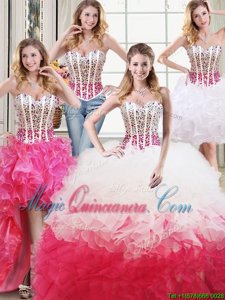 Four Piece Sweetheart Sleeveless 15th Birthday Dress Floor Length Beading and Ruffles White and Red Organza