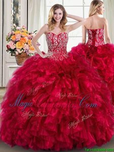 Luxurious Red Sweetheart Lace Up Beading and Ruffles Sweet 16 Dresses Brush Train Sleeveless