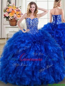 Royal Blue Ball Gowns Beading and Ruffles Ball Gown Prom Dress Lace Up Organza Sleeveless With Train