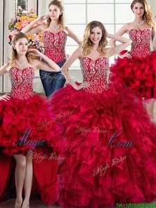 Exquisite Four Piece Red Ball Gowns Sweetheart Sleeveless Organza Brush Train Lace Up Beading and Ruffles Quinceanera Gowns