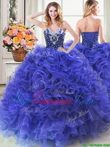 Low Price Sweetheart Sleeveless Quinceanera Dresses Floor Length Beading and Ruffles Royal Blue Organza