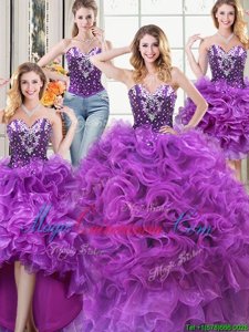 Four Piece Floor Length Eggplant Purple 15th Birthday Dress Sweetheart Sleeveless Lace Up