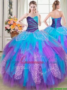 Designer Beading and Ruffles Sweet 16 Quinceanera Dress Multi-color Lace Up Sleeveless Floor Length
