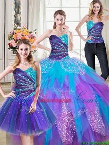 Three Piece Sweetheart Sleeveless Tulle 15 Quinceanera Dress Beading and Ruffles Lace Up