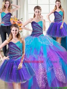 Fabulous Four Piece Sweetheart Sleeveless Lace Up 15th Birthday Dress Multi-color Tulle