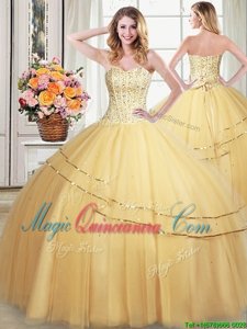 Sweetheart Sleeveless Ball Gown Prom Dress Floor Length Beading and Sequins Gold Tulle