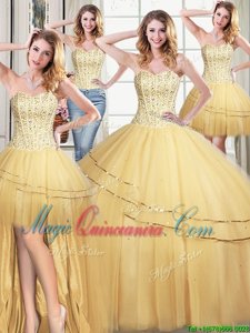 Four Piece Sleeveless Floor Length Beading and Sequins Lace Up Sweet 16 Dresses with Gold