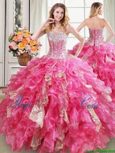 Most Popular Hot Pink Ball Gowns Organza Sweetheart Sleeveless Beading and Ruffles and Sequins Floor Length Lace Up Quinceanera Dress