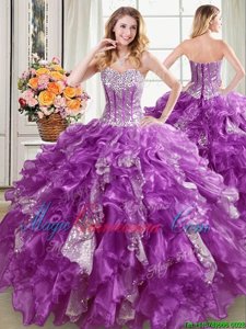 Admirable Purple Organza Lace Up Quinceanera Dresses Sleeveless Floor Length Beading and Ruffles and Sequins