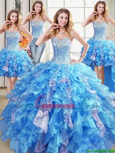 Four Piece Sequins Floor Length Baby Blue Sweet 16 Dresses Sweetheart Sleeveless Lace Up