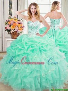 Perfect Apple Green Organza Lace Up Sweetheart Sleeveless Floor Length Sweet 16 Dresses Beading and Ruffles and Pick Ups
