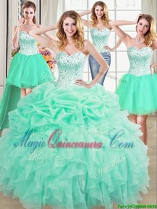 Custom Made Four Piece Beading and Ruffles and Pick Ups Quinceanera Dresses Apple Green Lace Up Sleeveless Floor Length