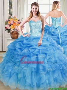 Smart Blue Sweetheart Neckline Beading and Ruffles and Pick Ups Quinceanera Gown Sleeveless Lace Up