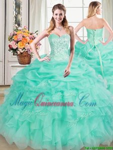 Apple Green Organza Lace Up Sweet 16 Dress Sleeveless Floor Length Beading and Ruffles and Pick Ups