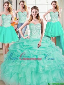 Four Piece Apple Green Ball Gowns Organza Sweetheart Sleeveless Beading and Ruffles and Pick Ups Floor Length Lace Up Quince Ball Gowns