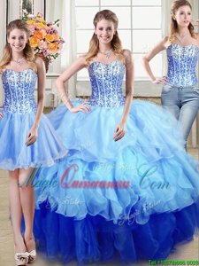 Beautiful Three Piece Multi-color Organza Lace Up Sweetheart Sleeveless Floor Length Sweet 16 Dresses Ruffles and Sequins
