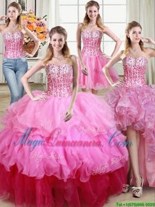 Perfect Four Piece Sleeveless Organza Floor Length Lace Up Ball Gown Prom Dress in Multi-color for with Ruffles and Sequins