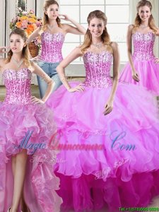 On Sale Four Piece Multi-color Organza Lace Up Sweet 16 Dress Sleeveless Floor Length Ruffles and Sequins