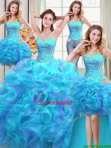 Four Piece Multi-color Ball Gowns Beading and Ruffles Sweet 16 Dresses Lace Up Organza Sleeveless Floor Length
