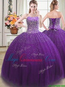 Inexpensive Purple Lace Up Quinceanera Gown Beading Sleeveless Floor Length