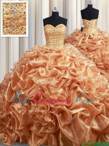 Champagne Sleeveless Court Train Beading and Ruffles and Pick Ups Quinceanera Gowns