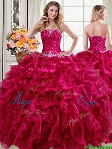Unique Sleeveless Floor Length Beading and Ruffles Lace Up Sweet 16 Dresses with Fuchsia