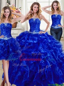 Three Piece Organza Strapless Sleeveless Lace Up Beading and Ruffles Sweet 16 Quinceanera Dress in Royal Blue