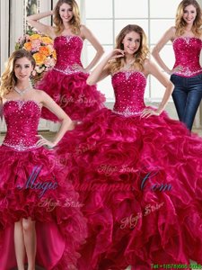 Four Piece Fuchsia Lace Up 15th Birthday Dress Beading and Ruffles Sleeveless Floor Length