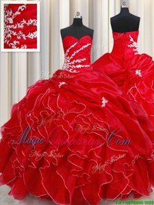Dynamic Beading and Ruffles and Pick Ups Vestidos de Quinceanera Red Lace Up Sleeveless Floor Length