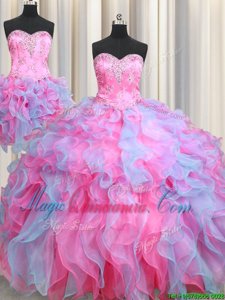 Excellent Three Piece Multi-color Ball Gowns Organza Sweetheart Sleeveless Beading and Ruffles Floor Length Lace Up Sweet 16 Dress