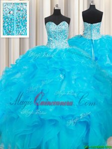 Admirable Sweetheart Sleeveless Quinceanera Gown Floor Length Beading and Ruffles Baby Blue Organza